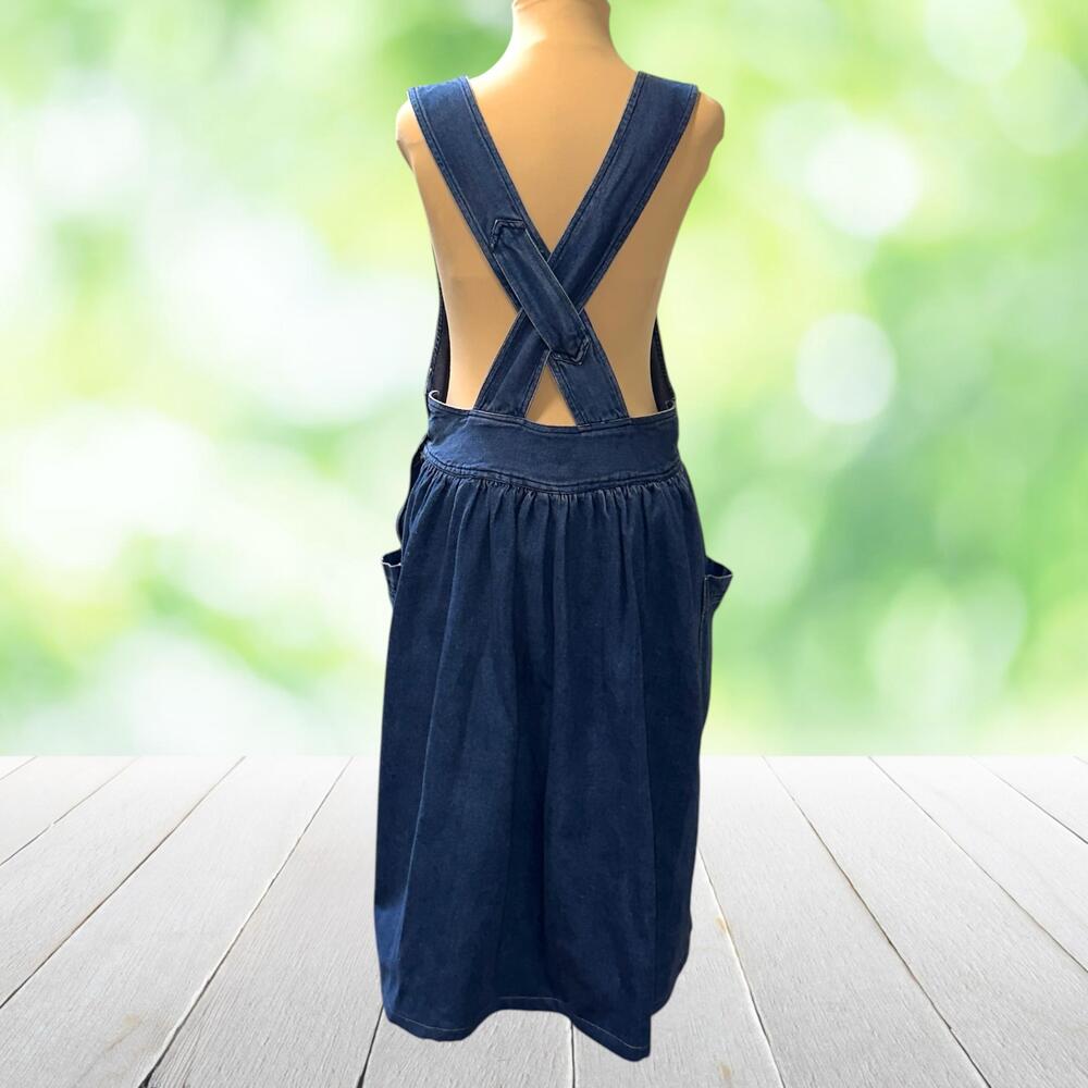 Vintage Denim Pinafore Dress Drop Waist Cross Back Pockets Blue 90s Size M - Picture 3 of 11